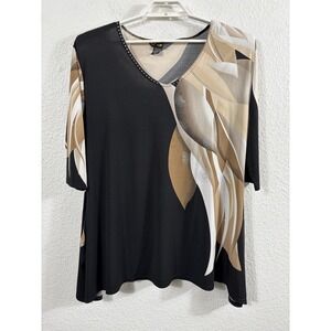 Valentina Blouse Womens XL Black Geometric Print Studded 3/4 Sleeve Tunic Top